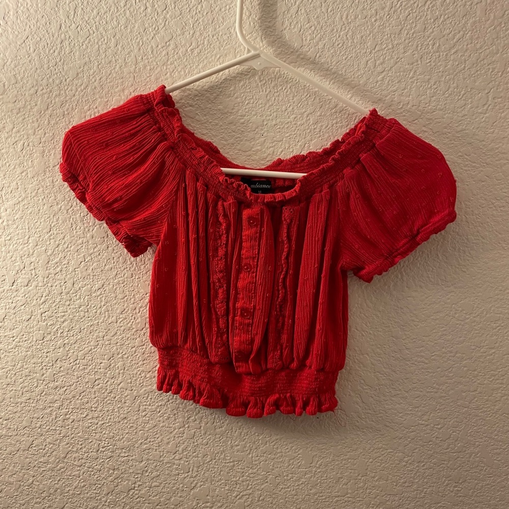 red over the shoulder button up top